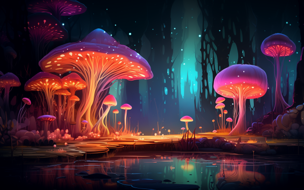 HD wallpaper of a fantasy forest with glowing bioluminescent mushrooms by a tranquil pond, creating an enchanting background scene.