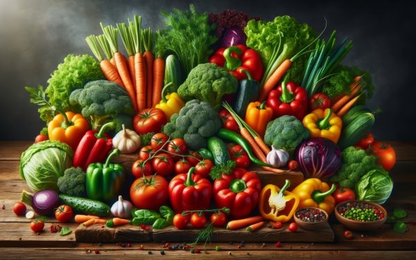 Colorful HD wallpaper featuring an assortment of fresh vegetables including carrots, tomatoes, peppers, and greens, perfect for food and nutrition-themed desktop backgrounds.