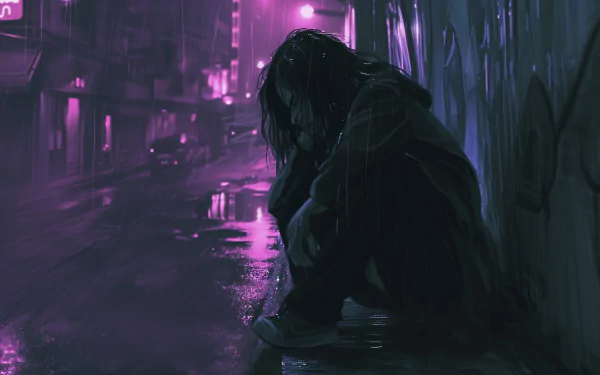 HD wallpaper featuring a sad lofi girl sitting alone on an urban street at night with purple hues reflecting on the wet pavement.