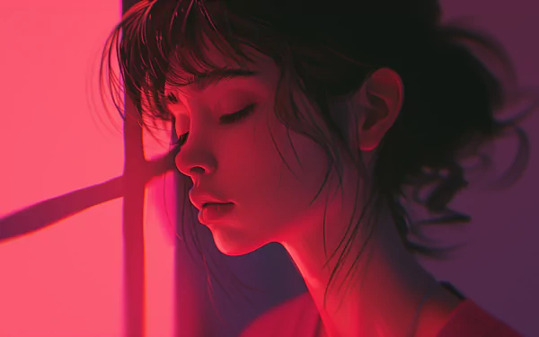 HD wallpaper featuring a sad lofi girl in a red-hued room, with a moody and contemplative vibe.