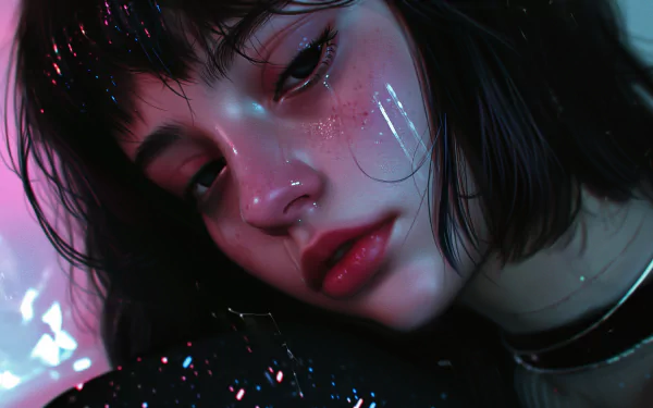 HD wallpaper of a melancholic lofi girl with tear-streaked cheeks, set against a dark, sparkling backdrop.