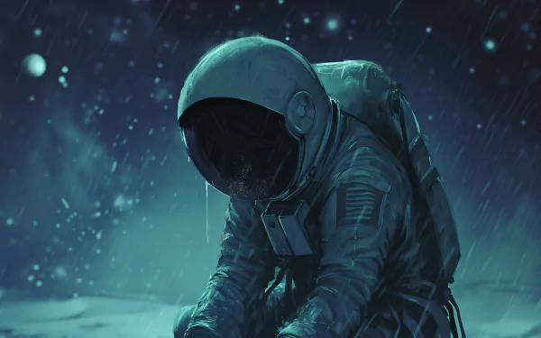 HD desktop wallpaper featuring a melancholic astronaut in a snowy backdrop, perfect for a themed background.