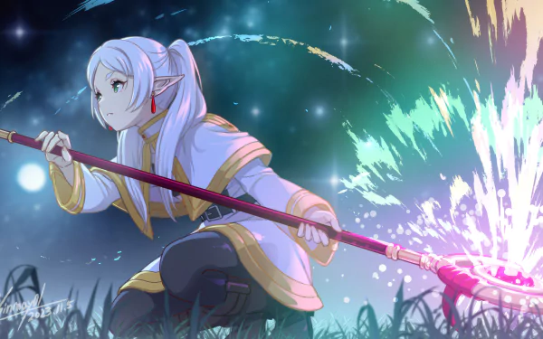 HD anime wallpaper featuring the character Frieren from 'Frieren: Beyond Journey's End' poised with her staff under a starry sky with magical effects.