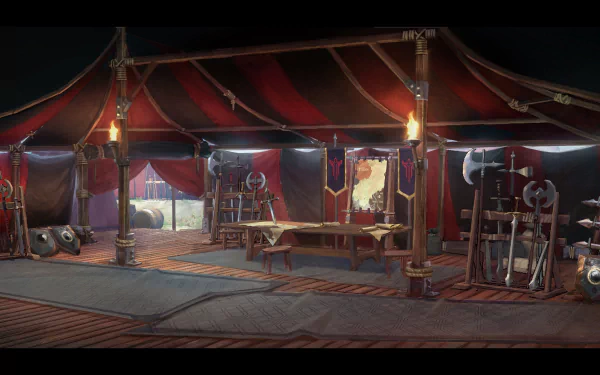 HD wallpaper featuring a detailed scene from the video game Shadow Fight 3, with an atmospheric view inside a warrior's tent filled with armor and weapons.