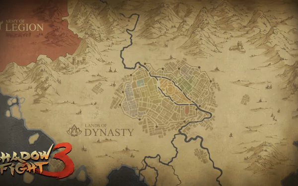 HD desktop wallpaper of Shadow Fight 3 video game map, featuring the Lands of Dynasty and the Army of Legion.
