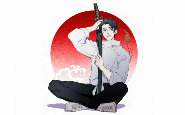 Anime character Yuta Okkotsu from Jujutsu Kaisen holding a sword, with a red and white background, HD desktop wallpaper.