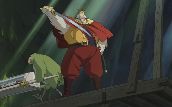 Anime scene depicting 'The Boy and the Heron' as an HD wallpaper with a regal character and bird in a forest setting.