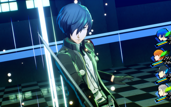 Persona 3 Reload video game HD wallpaper featuring a character with blue hair and a sword in a dynamic battle scene, ideal for desktop background.