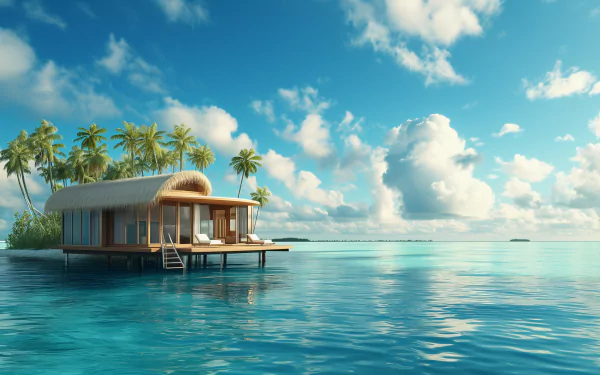HD wallpaper of a serene overwater bungalow surrounded by palm trees in a dreamy tropical vacation setting.