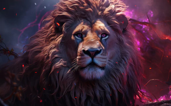 HD wallpaper of a majestic lion with a vibrant, mystical background for desktop.