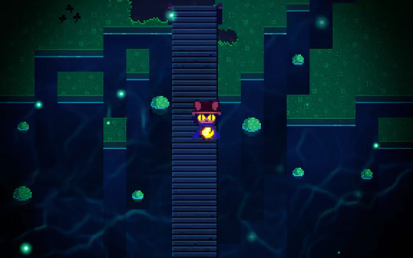 OneShot game wallpaper featuring protagonist exploring mystical ruins with glowing orbs and a starry background.