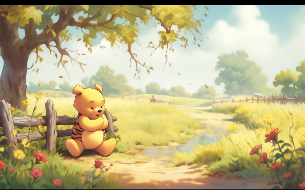 HD desktop wallpaper featuring Winnie the Pooh in a serene, sunlit countryside setting, perfect for fans of the beloved TV show.
