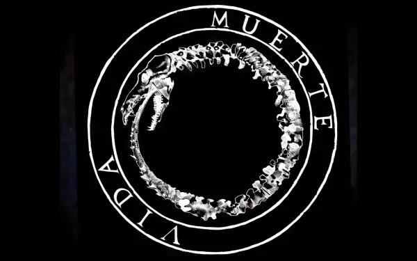 Alt Text: HD desktop wallpaper featuring a stylized ouroboros with the word 'MUERTE' above and 'VIDA' below within a circle, associated with music artist Canserbero, on a black background.