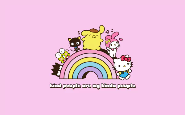 Hello Kitty and Friends HD desktop wallpaper with My Melody, Badtz-Maru, and Pompompurin on a rainbow, Sanrio characters background.