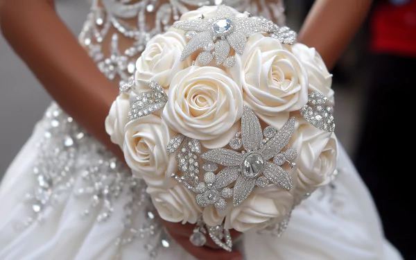 A stunning wedding bouquet featuring elegant white roses adorned with shimmering silver accents, captured in high-definition for a beautiful desktop wallpaper or background.