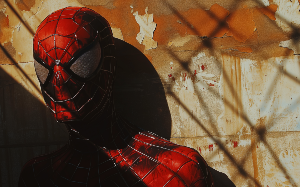 HD wallpaper of Spider-Man with a dramatic shadow cast across his mask, set against a textured wall background, ideal for desktop.