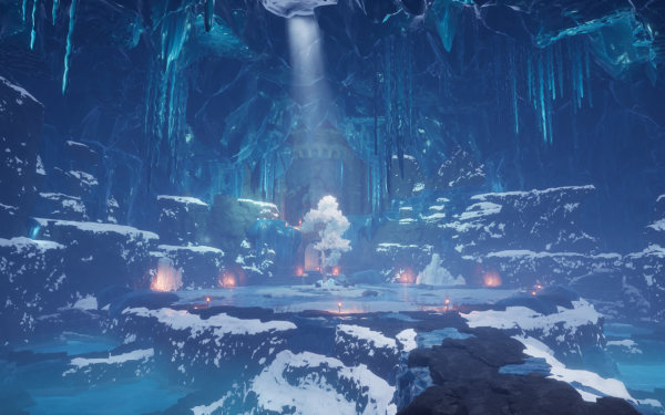 HD wallpaper of a mystical ice cavern from the video game Palworld, featuring glowing crystals, snow-covered ground, and an ethereal atmosphere.