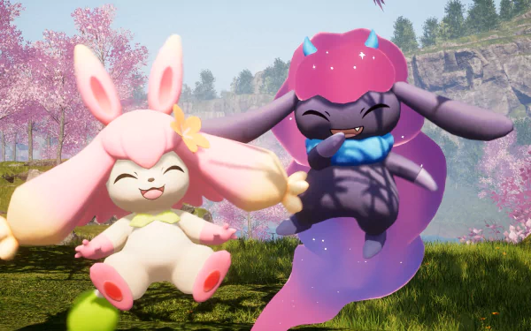 HD desktop wallpaper featuring two cute creatures from the video game Palworld, set against a peaceful backdrop with cherry blossoms.