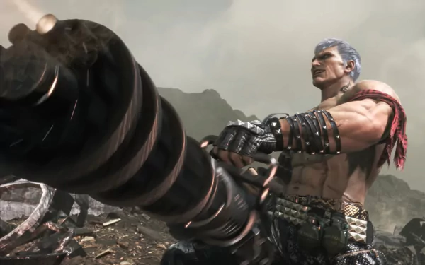 HD wallpaper featuring Bryan Fury from Tekken 8, showcasing his muscular physique and powerful weapon amidst a dramatic, rugged landscape.