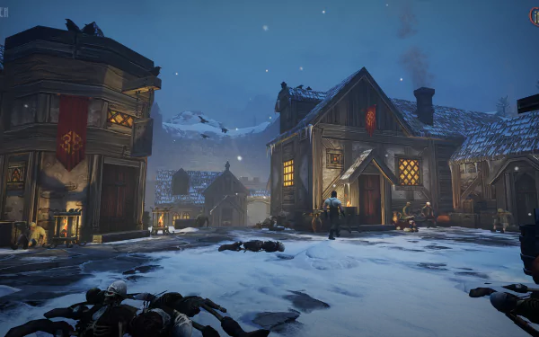HD wallpaper of Graven video game scenery featuring a snowy medieval village at night with atmospheric lighting and snowfall.