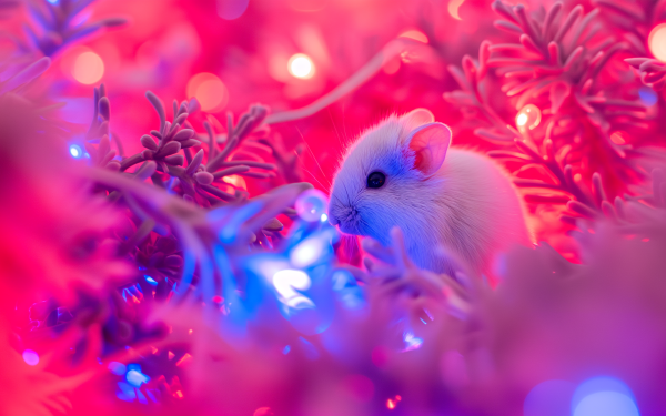 Cute mouse peeking through colorful foliage with twinkling lights, HD desktop wallpaper and background.