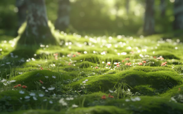HD Wallpaper of a Sunlit Moss Garden with Flowers - Perfect Desktop Background