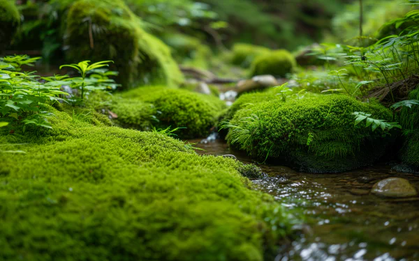Lush moss-covered stones beside a serene stream in a moss garden, perfect for an HD desktop wallpaper and background.