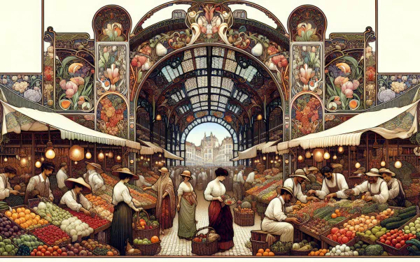 HD desktop wallpaper featuring a vibrant illustration of a bustling farmers market with vendors and shoppers under an ornate archway.