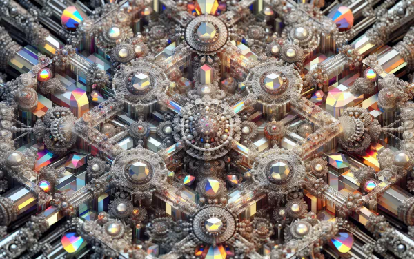 HD fractal geometric wallpaper featuring a complex metallic structure with reflective rainbow accents for desktop background.