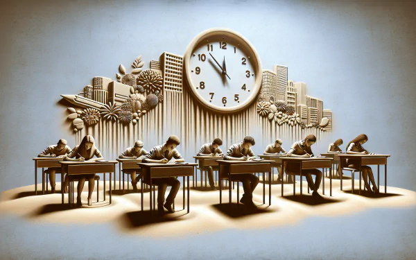HD desktop wallpaper featuring an artistic representation of students taking an exam with a clock and cityscape in the background, symbolizing time management and education.