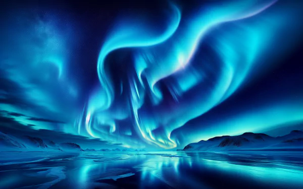 A mesmerizing display of Northern Lights illuminates the night sky, casting vibrant hues of blue and green over a tranquil landscape, creating an enchanting HD desktop wallpaper.