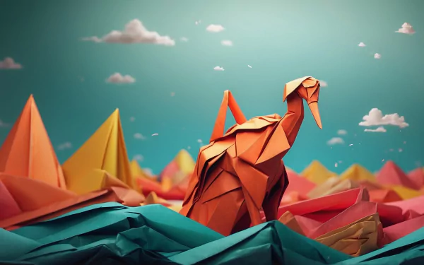HD wallpaper featuring colorful origami mountains and a paper crane under a sky with clouds.
