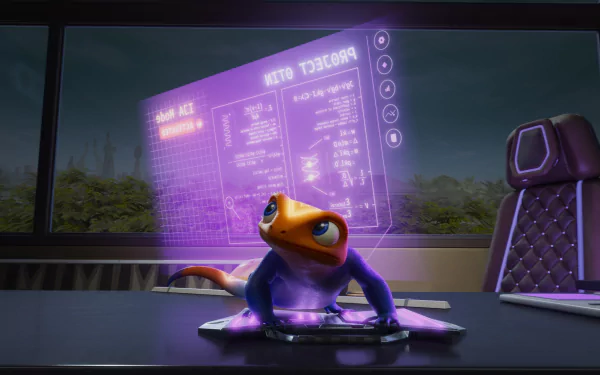 A vibrant HD wallpaper from the TV show Iwájú, featuring a colorful character interacting with a futuristic holographic display in a sleek, modern setting.