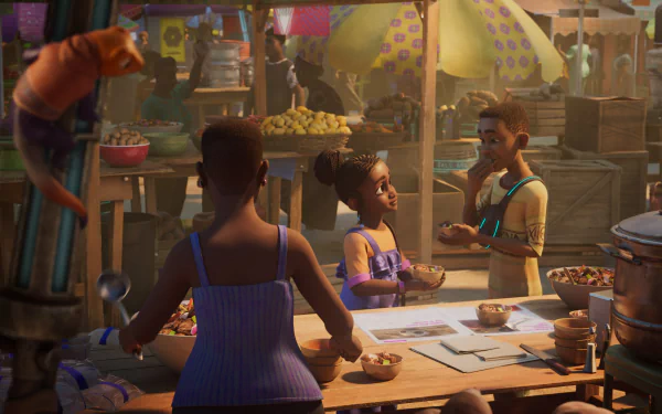 HD desktop wallpaper featuring characters from the TV show Iwájú engaged in conversation in a vibrant market scene.