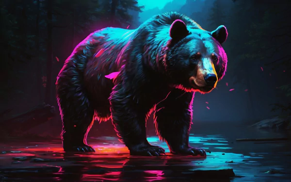 A striking HD desktop wallpaper featuring a black bear amid a vibrant, colorful forest backdrop, casting reflections on shimmering water.