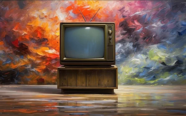HD desktop wallpaper of a vintage television set against a colorful abstract painted background.