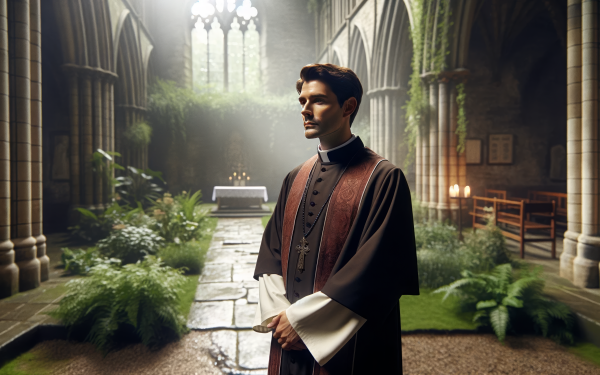 HD wallpaper featuring a contemplative priest in a serene cathedral setting with gothic architectural details.