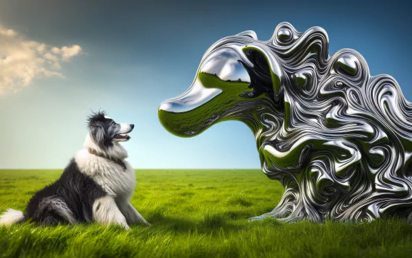 HD desktop wallpaper featuring a real sheepdog sitting on a grassy field beside a stylized, abstract art representation of a sheepdog head against a clear blue sky.