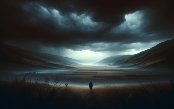 An atmospheric HD desktop wallpaper featuring a solitary figure standing before a dark, ominous landscape with storm clouds and a subdued lake, evoking a sense of anxiety.