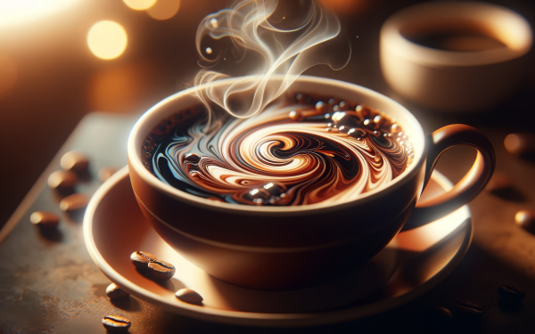 Steaming cup of coffee with artistic cream swirl design on top and scattered coffee beans, ideal for HD desktop wallpaper and background.