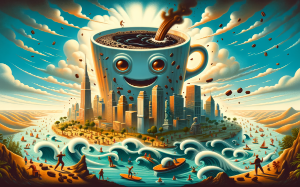 HD desktop wallpaper featuring a whimsical illustration of a giant smiling coffee cup with a cityscape and ocean waves, perfect for coffee lovers.