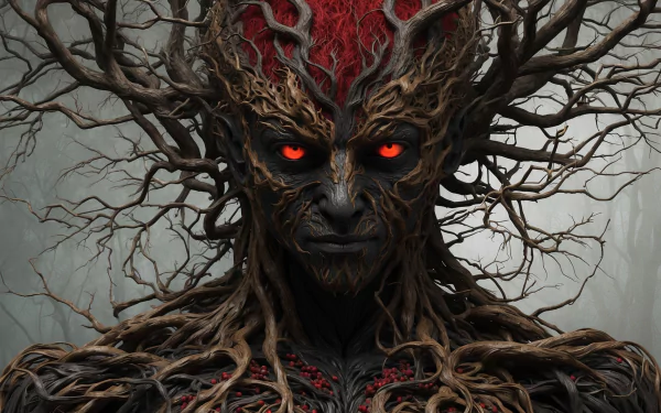 HD desktop wallpaper of a terrifying monster with glowing red eyes, its body and head formed from twisted tree branches in a dark, eerie forest setting.
