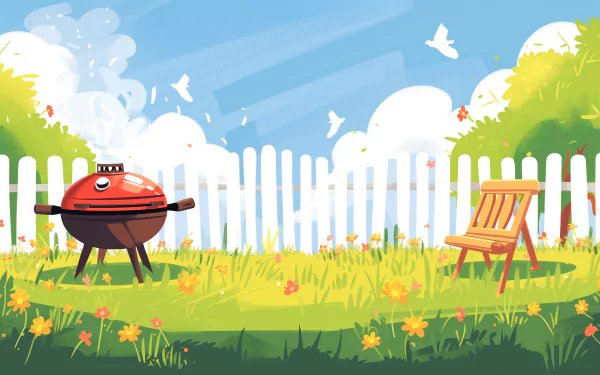 Colorful HD desktop wallpaper featuring a backyard BBQ scene with a grill and chair amidst a sunny, grassy landscape.