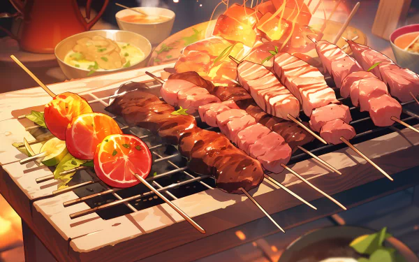 A vibrant HD wallpaper featuring delicious skewers on a grill, complemented by fresh oranges and a cozy background, capturing the essence of a lively BBQ scene.