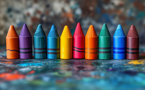 Colorful array of crayons aligned on a vibrant background, perfect for HD desktop wallpaper and artistic background.