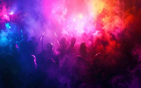 HD desktop wallpaper of a vibrant nightclub scene with a crowd dancing under colorful lights and a haze of smoke.