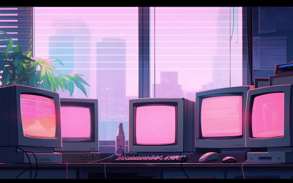 A vibrant HD desktop wallpaper featuring multiple CRT monitors on a desk, with a cityscape visible through a window and a touch of greenery, creating a nostalgic tech atmosphere.