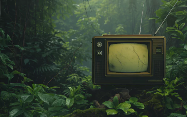 Vintage TV in a foggy forest setting HD wallpaper