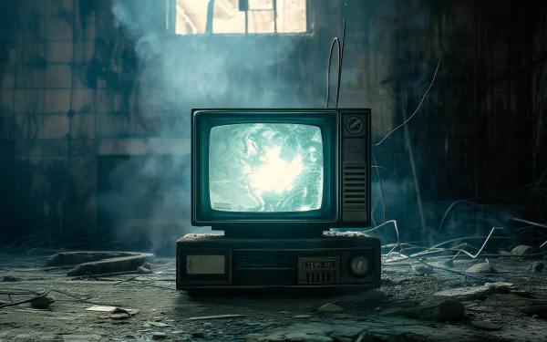 A vintage television sits in a dimly lit, abandoned room, its screen glowing with an eerie, blue light amidst swirling smoke and debris, creating an atmospheric HD desktop background.