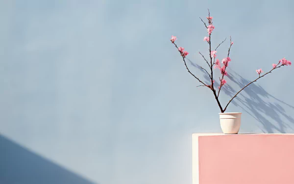 A minimalist HD wallpaper featuring a blooming branch in a white pot against a soft blue background, with negative space highlighting the delicate pink blossoms.